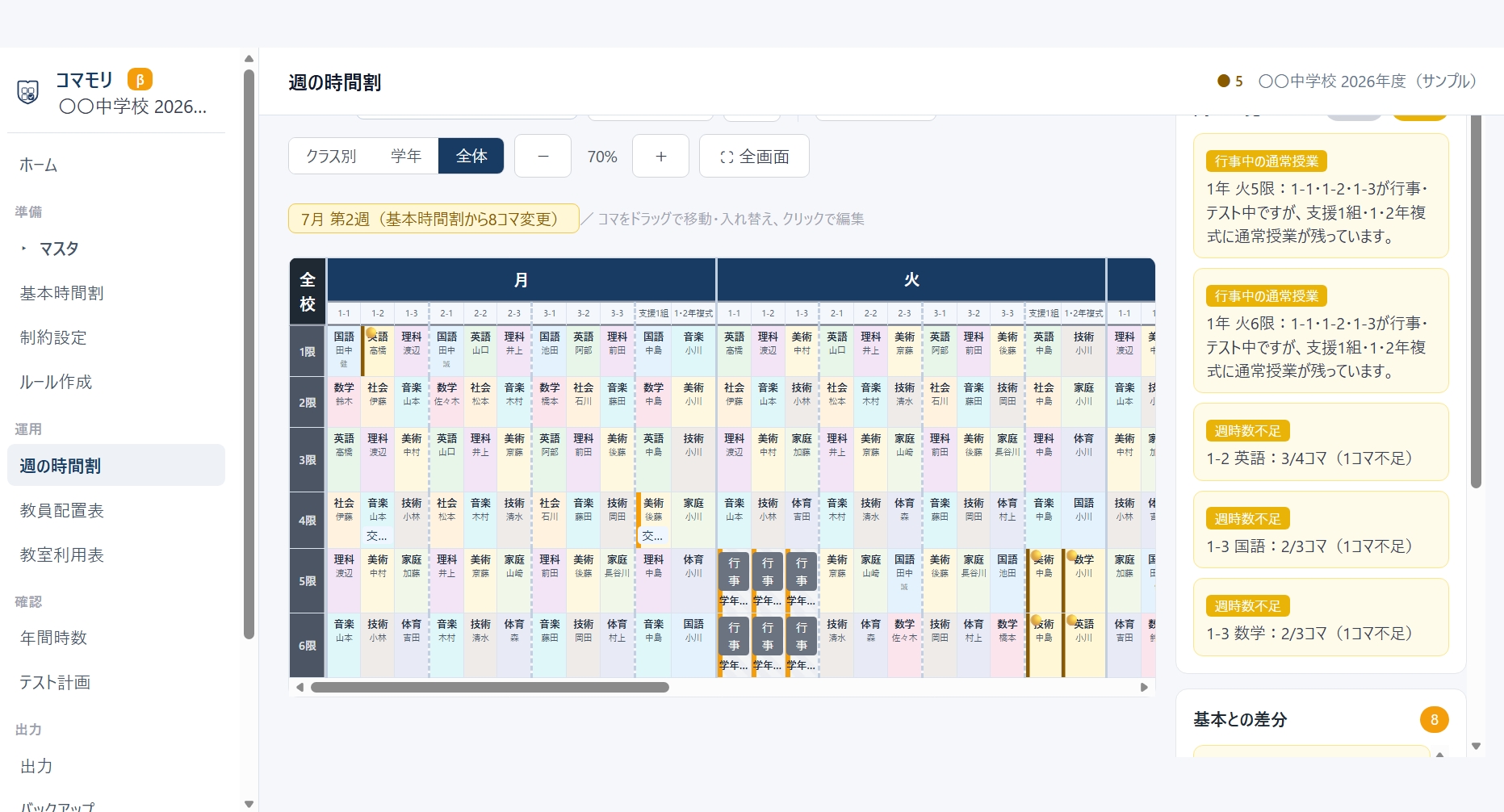 全校の時間割を一括表示・編集(問題一覧つき)